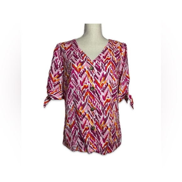 Emily Daniels Tops - Emily Daniel’s Pink/Red/Orange Blouse Women’s Size L Button Down